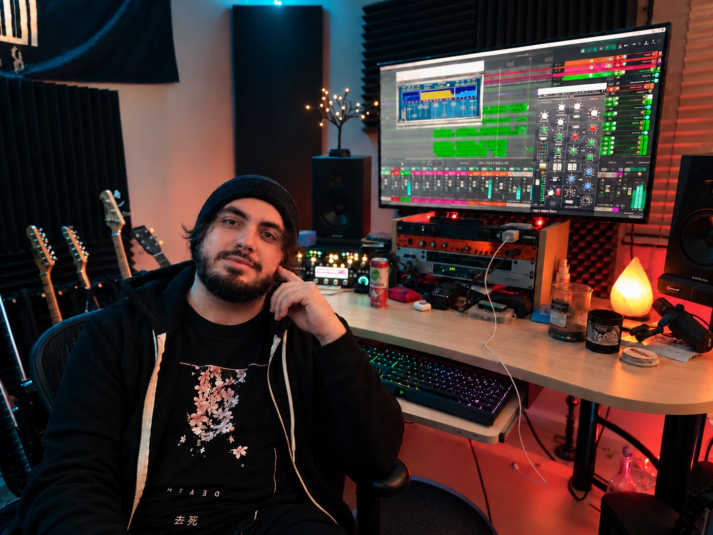 Tyler Ruehl seated in his recording studio
